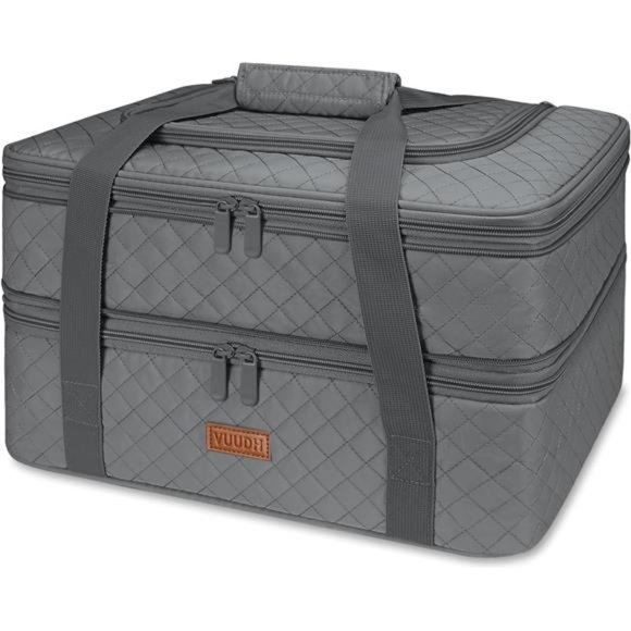 Double Decker Insulated Casserole Dish Carrier Fits 9"×13" Baking Dish, Gray
